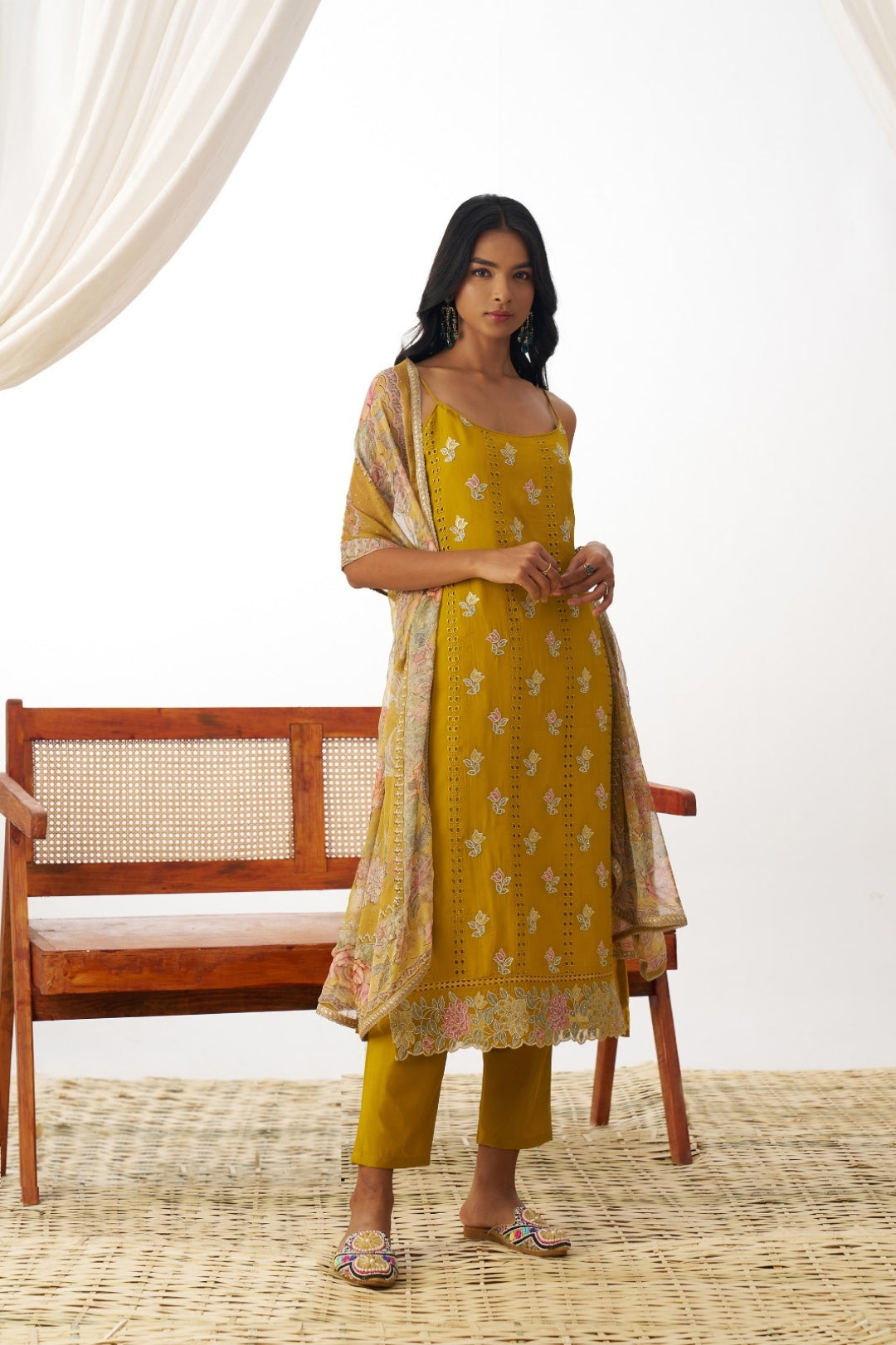Women Mustard Pure Organza Spaghetti Sleeveless Suit Set