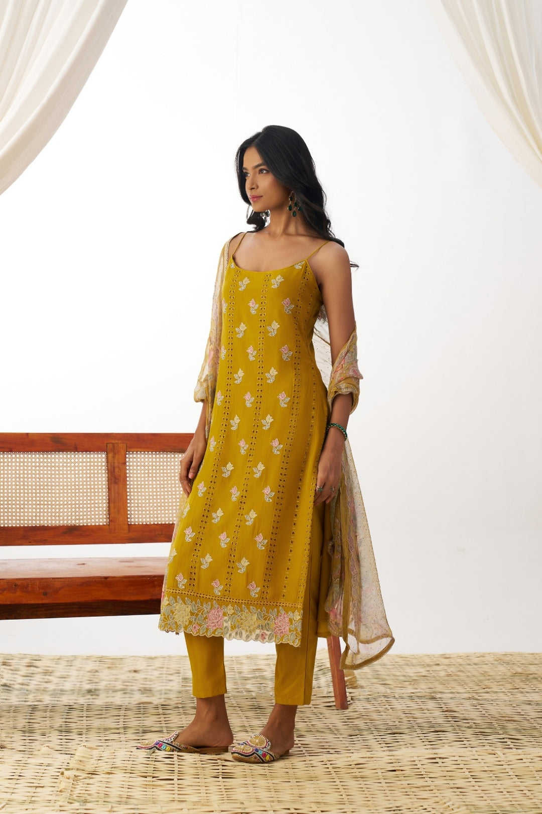 Women Mustard Pure Organza Spaghetti Sleeveless Suit Set