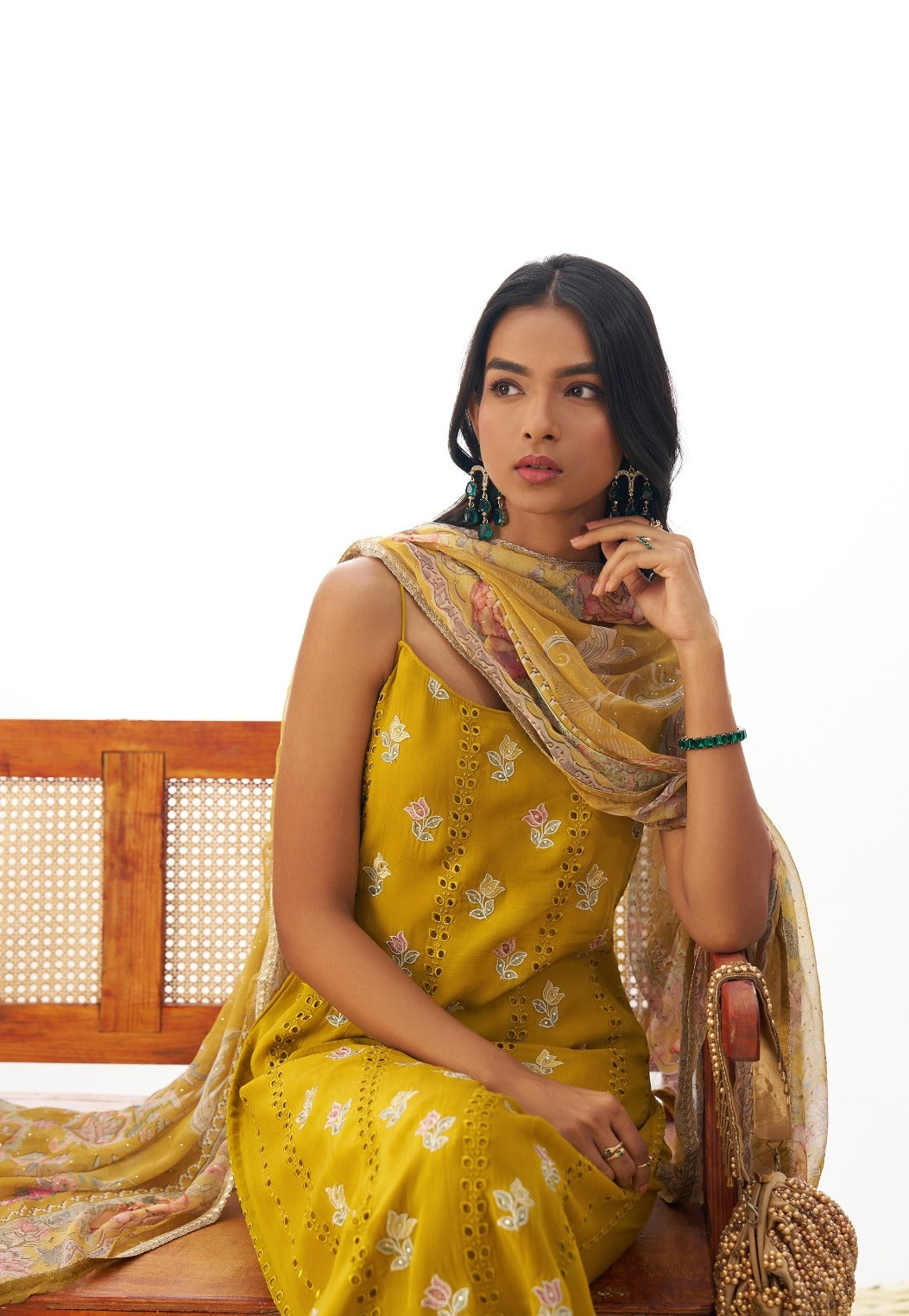 Women Mustard Pure Organza Spaghetti Sleeveless Suit Set