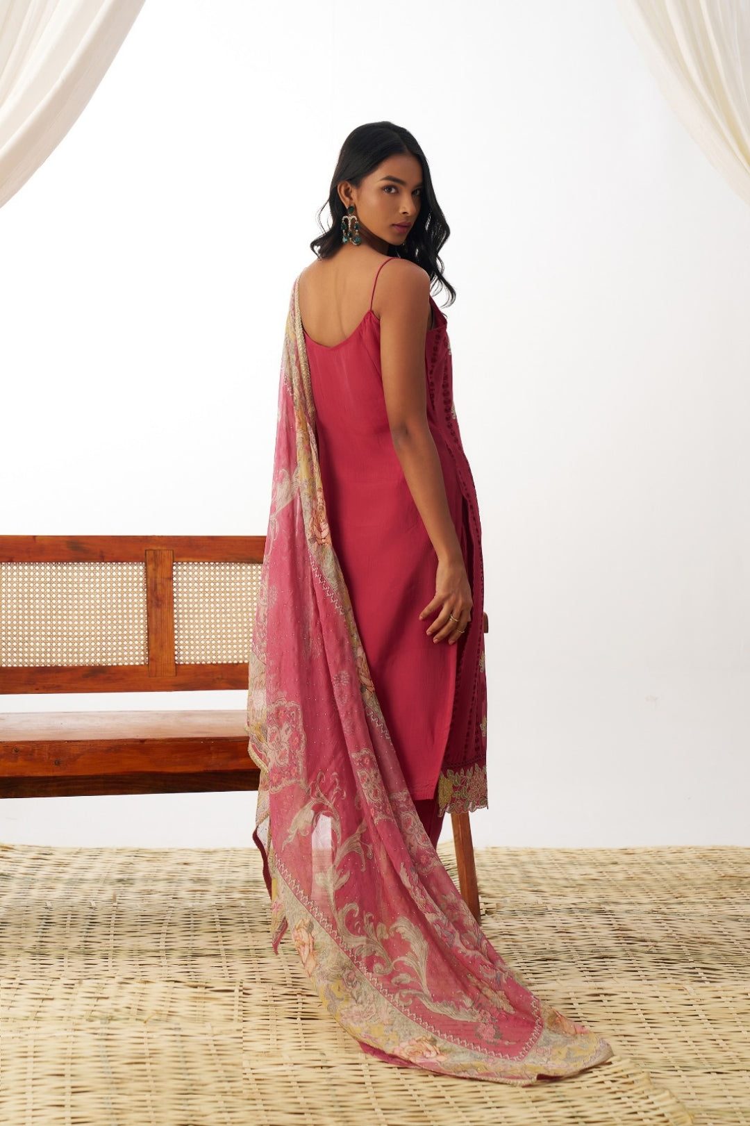 Women Dark Pink Pure Organza Spaghetti Sleeveless Suit Set