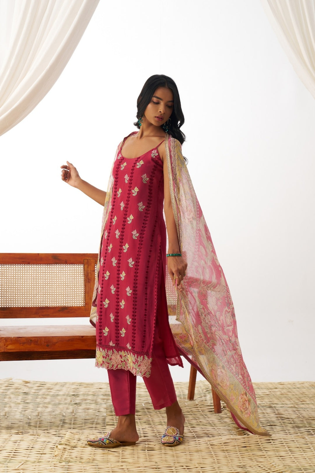Women Dark Pink Pure Organza Spaghetti Sleeveless Suit Set