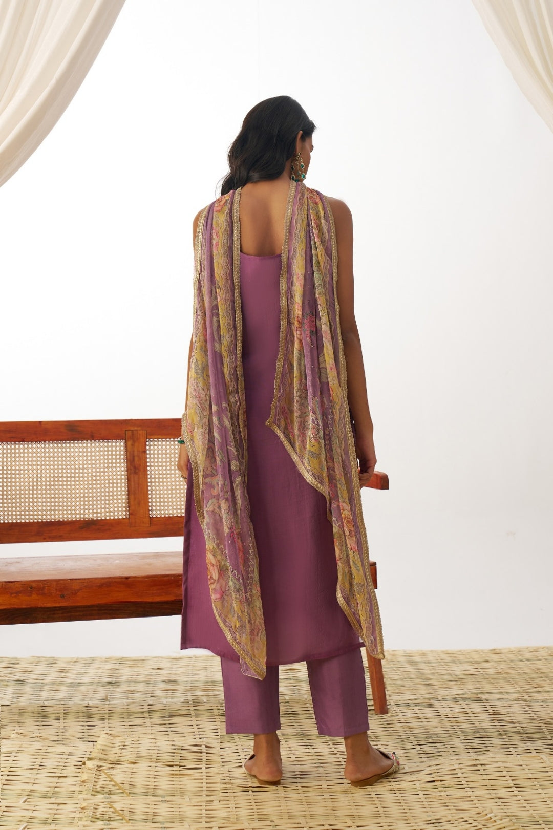 Women Violet Pure Organza Spaghetti Sleeveless Suit Set