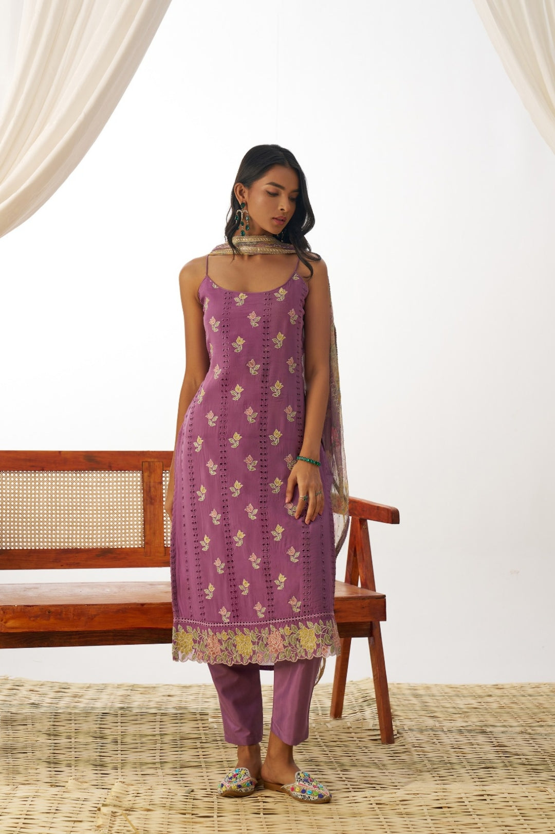 Women Violet Pure Organza Spaghetti Sleeveless Suit Set