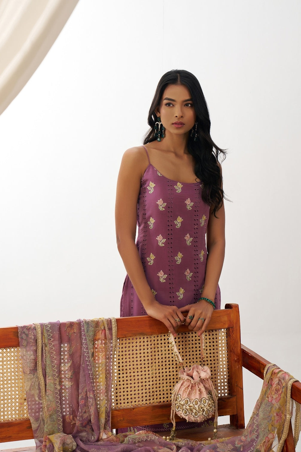 Women Violet Pure Organza Spaghetti Sleeveless Suit Set