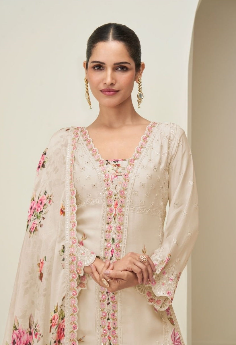 Women Beige Chinon Silk Palazzo Bottom Suit Set