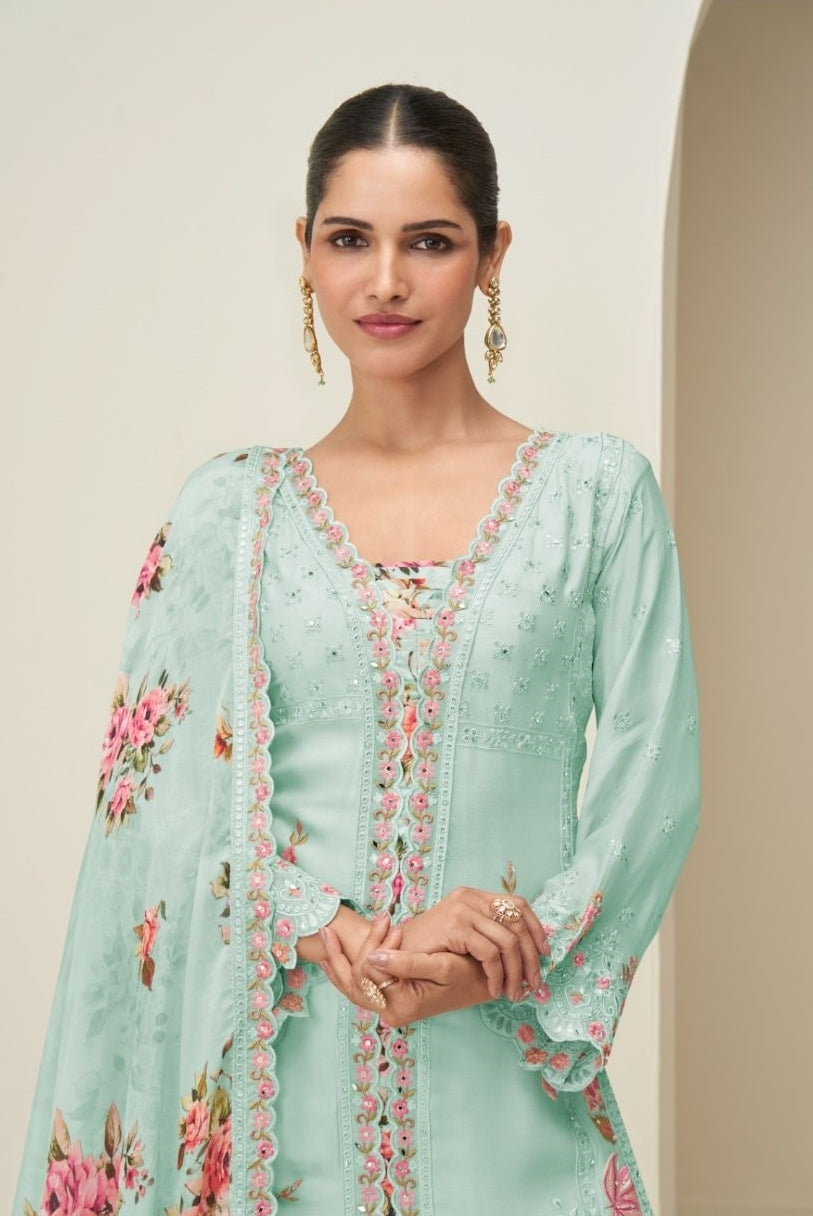 Women Sky Blue Chinon Silk Palazzo Bottom Suit Set