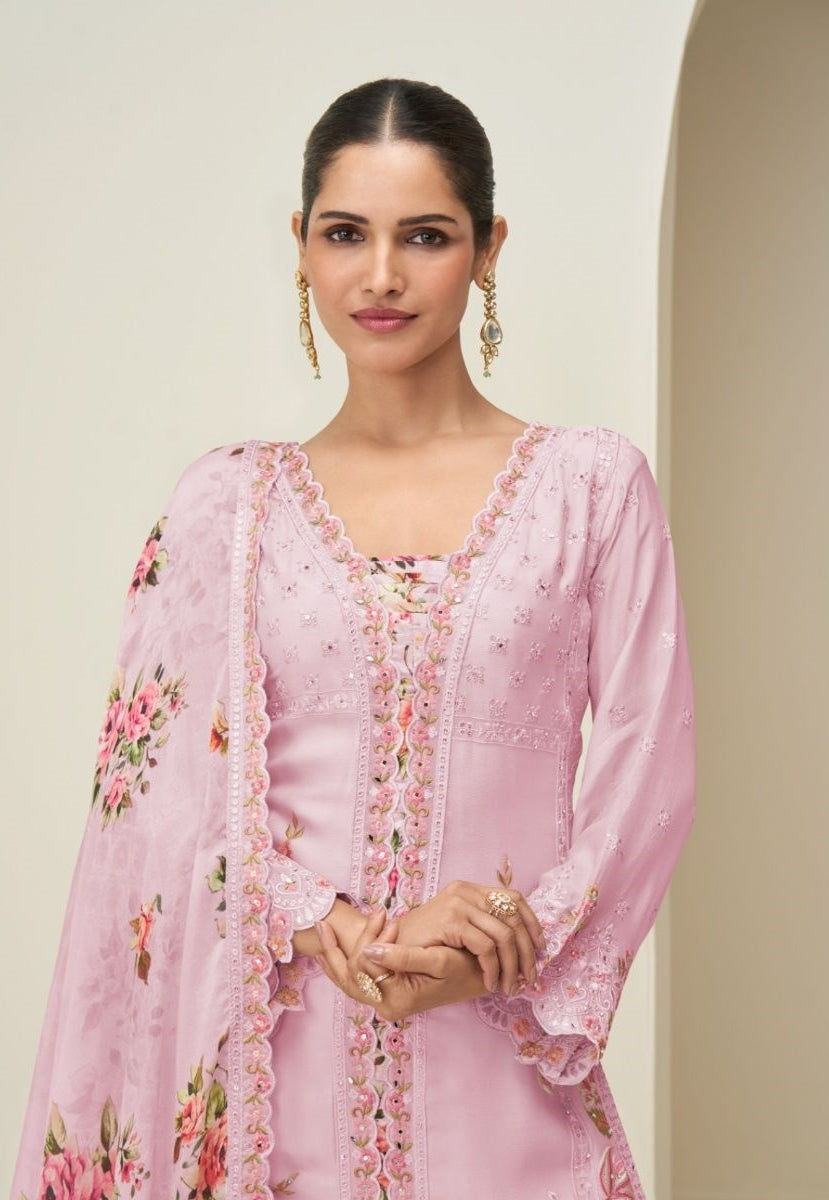 Women Pink Chinon Silk Palazzo Bottom Suit Set