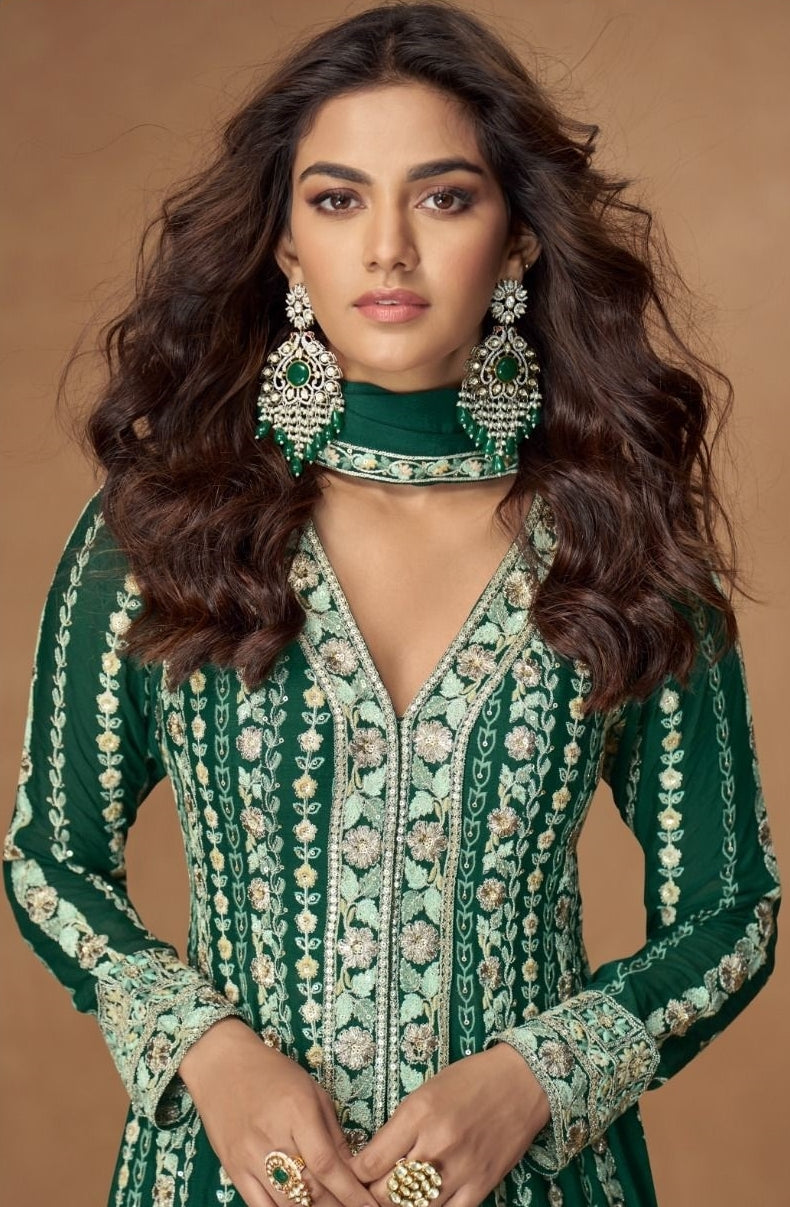 Breathtaking Green Chinon Silk Floor Length Suit Set