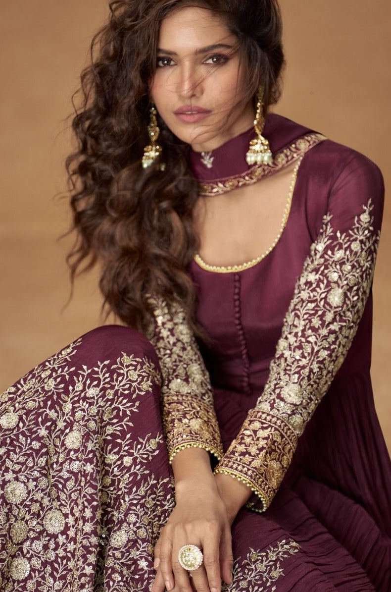Gleaming Dark Purple Chinon Silk Floor Length Suit Set