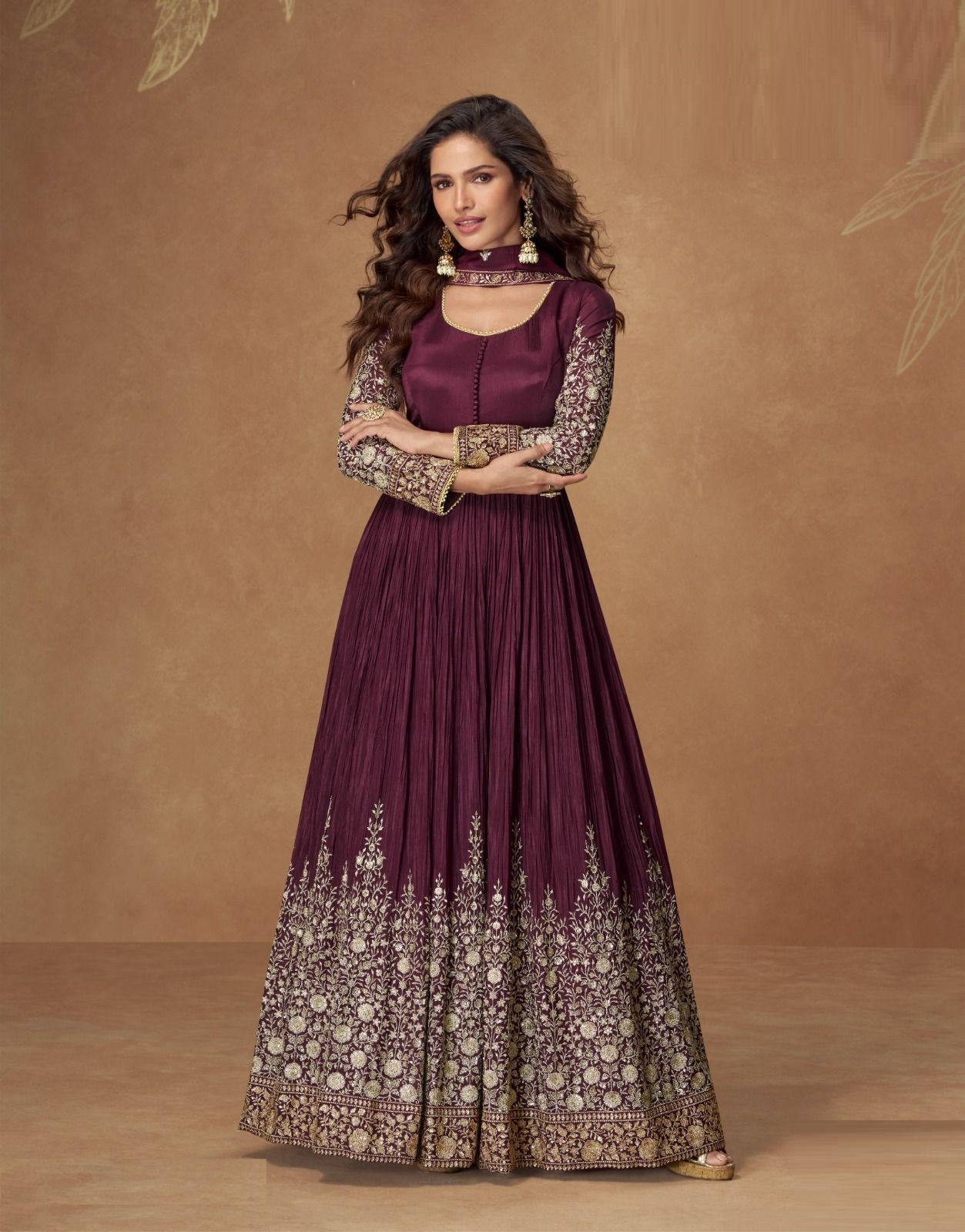 Gleaming Dark Purple Chinon Silk Floor Length Suit Set