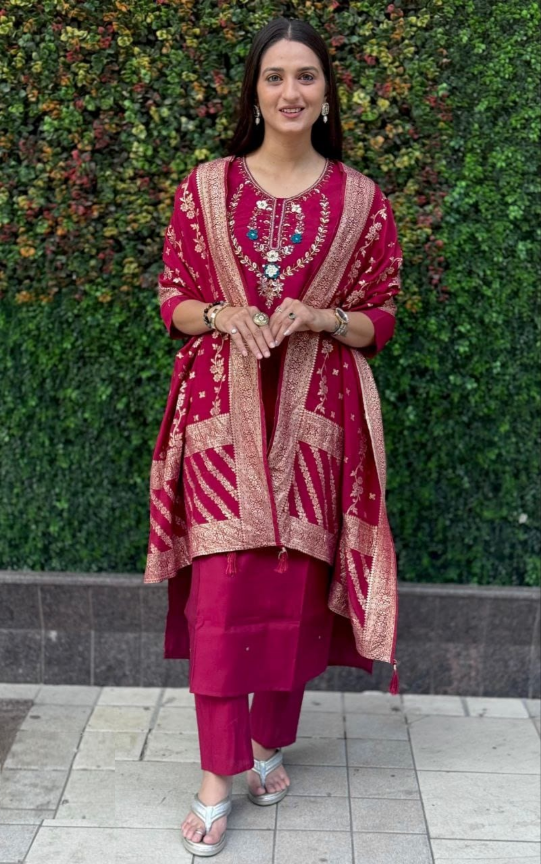 Women Pink Roman Silk Salwar Suit Set