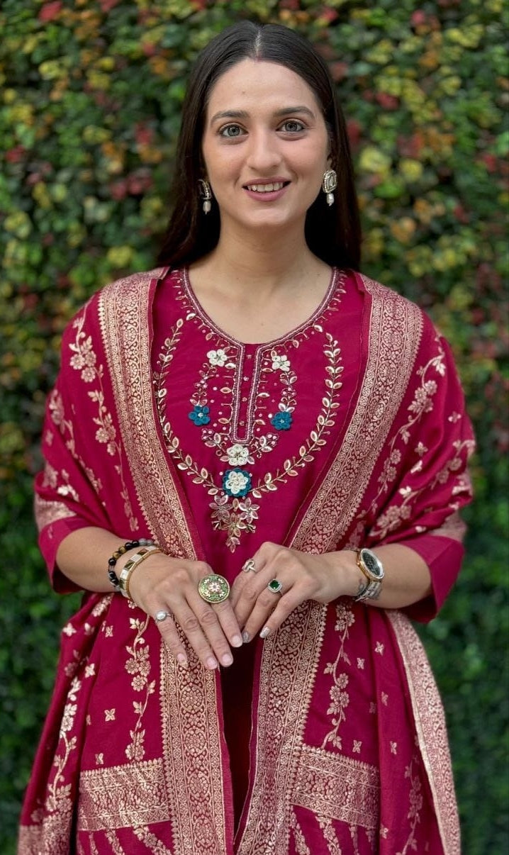 Women Pink Roman Silk Salwar Suit Set