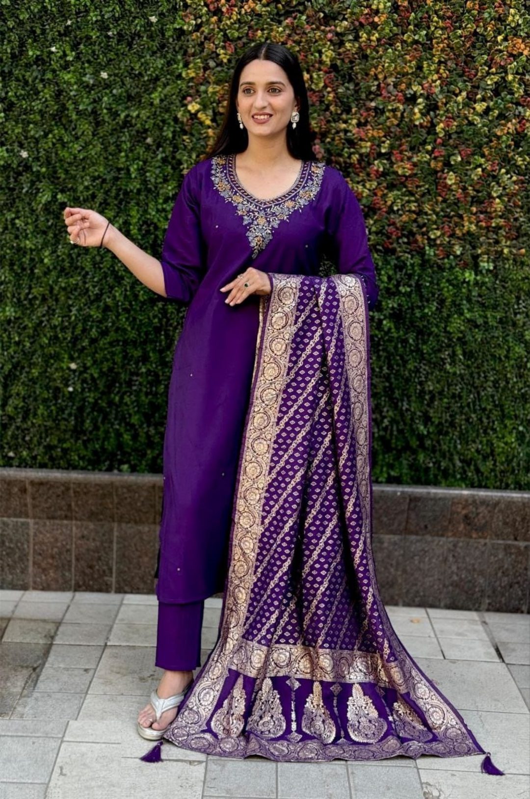 Women Purple Roman Silk Salwar Suit Set