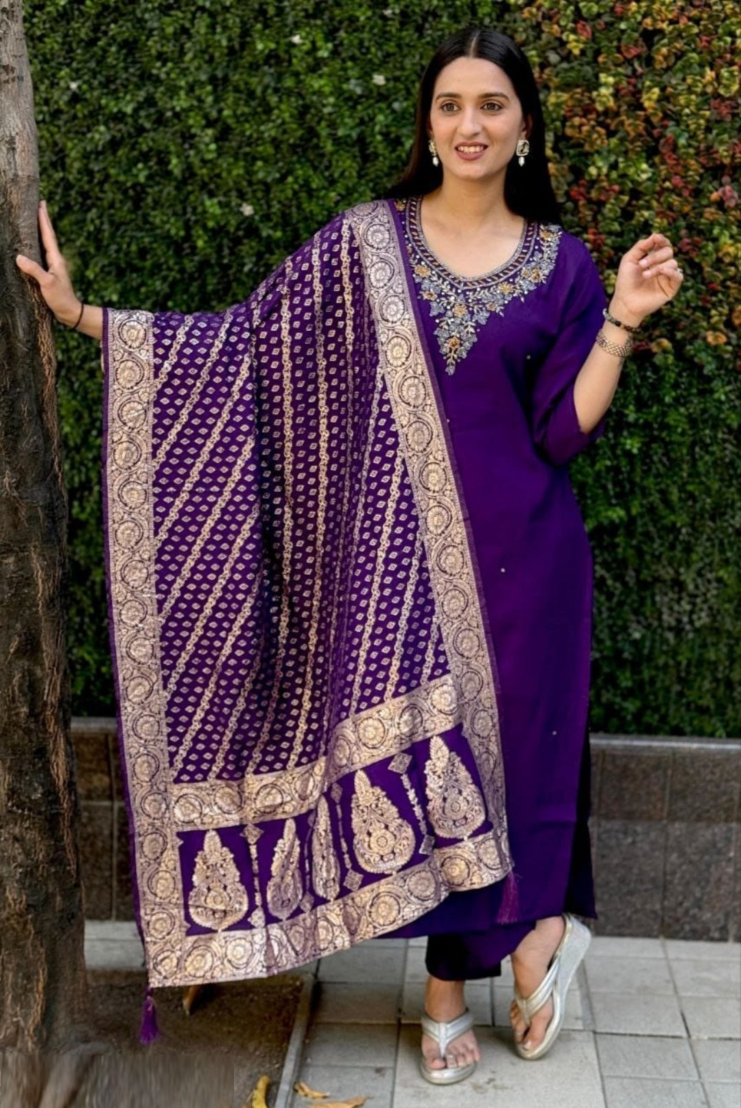 Women Purple Roman Silk Salwar Suit Set