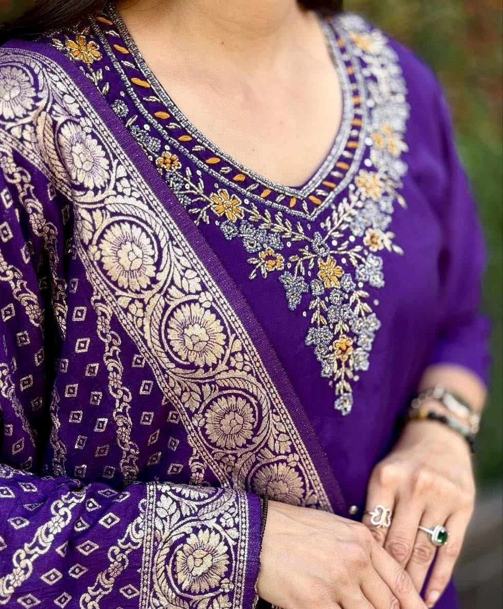Women Purple Roman Silk Salwar Suit Set