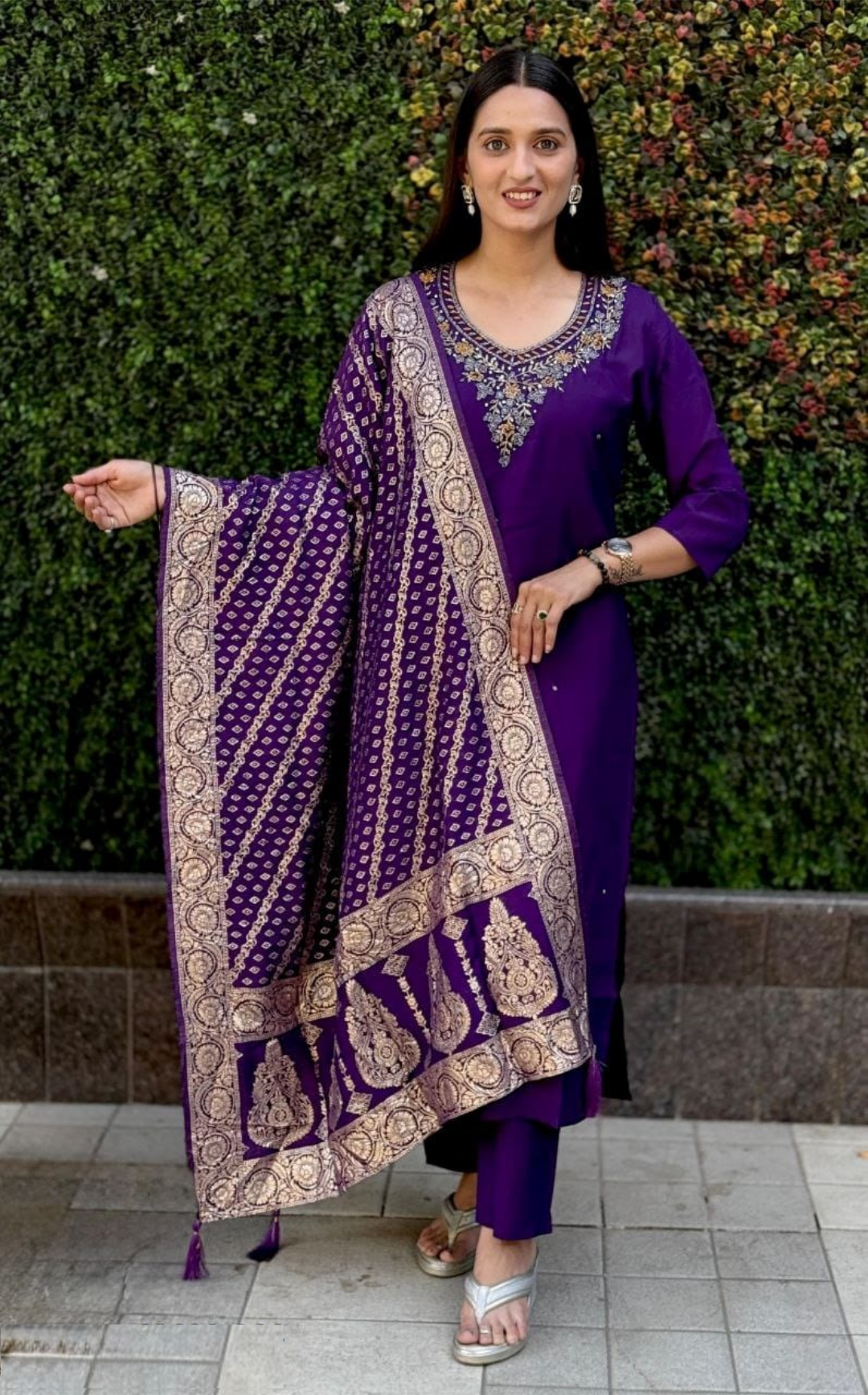 Women Purple Roman Silk Salwar Suit Set