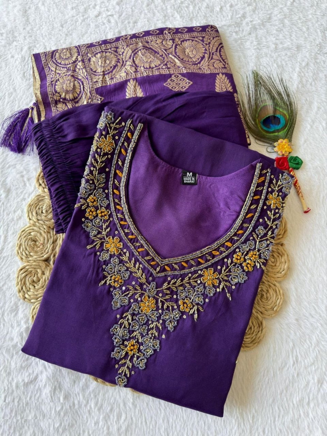 Women Purple Roman Silk Salwar Suit Set