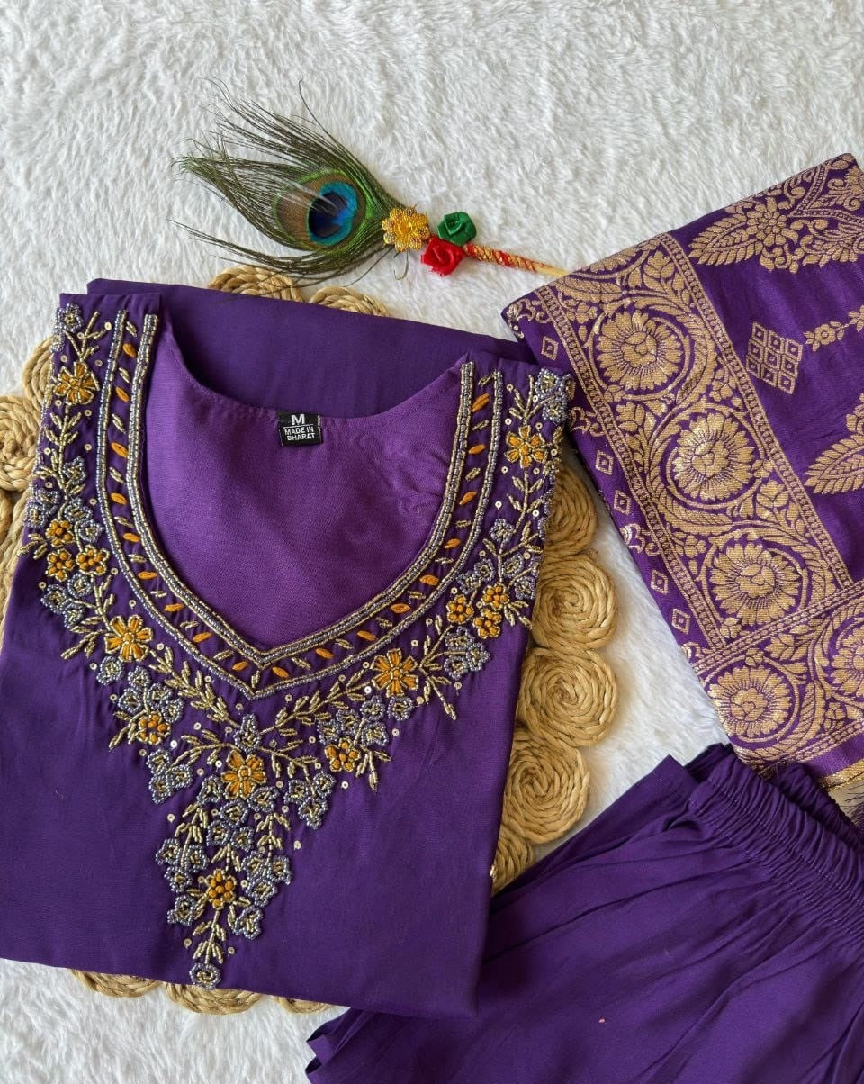 Women Purple Roman Silk Salwar Suit Set