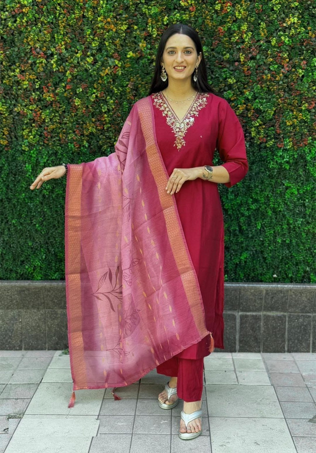 Women Dark Pink Roman Silk Salwar Suit Set