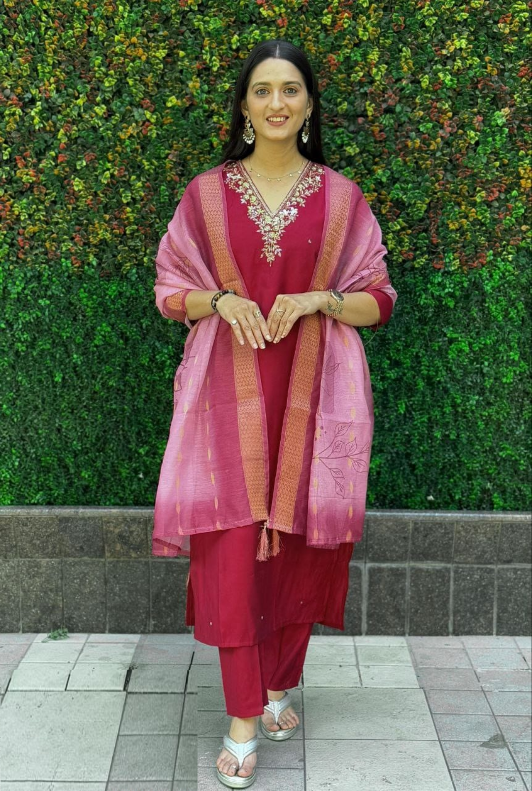 Women Dark Pink Roman Silk Salwar Suit Set