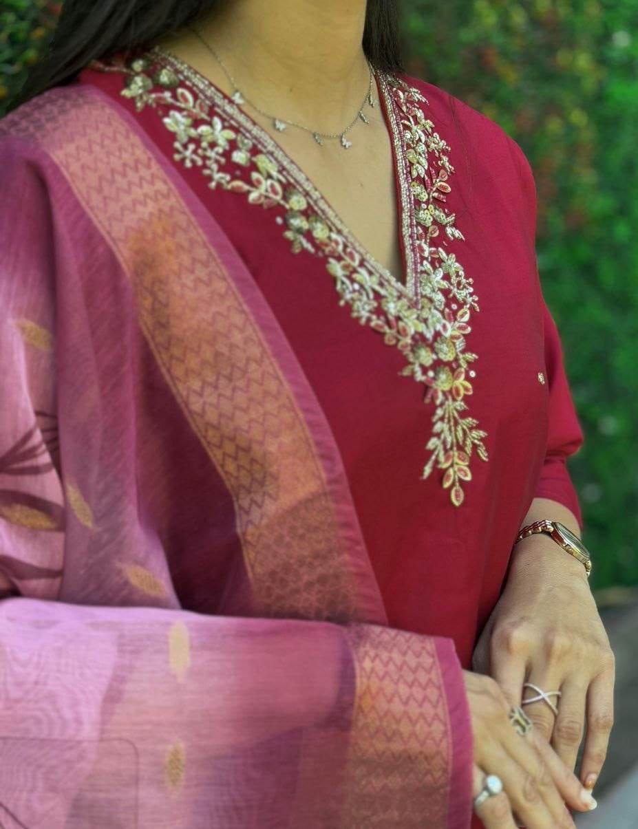 Women Dark Pink Roman Silk Salwar Suit Set
