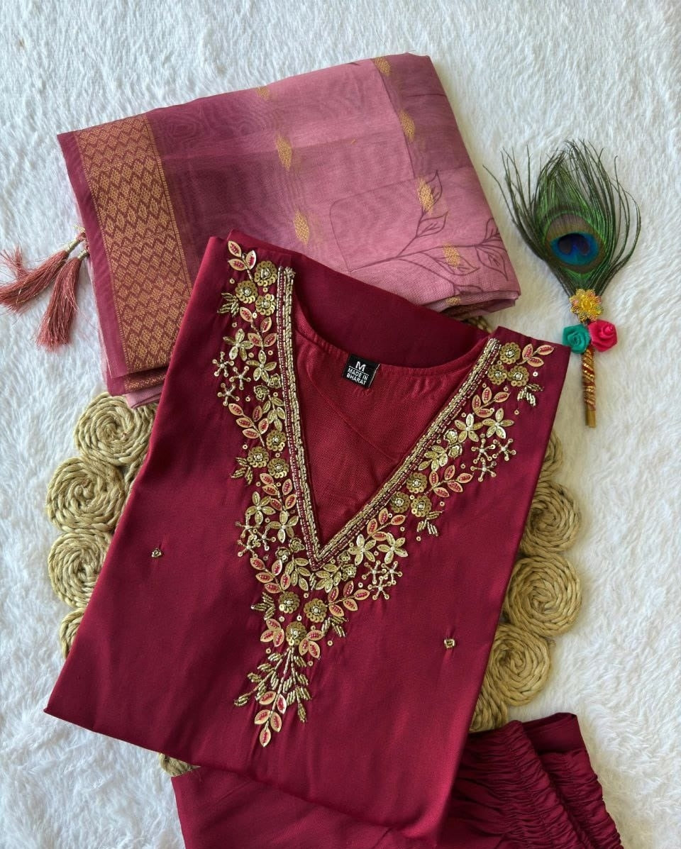 Women Dark Pink Roman Silk Salwar Suit Set