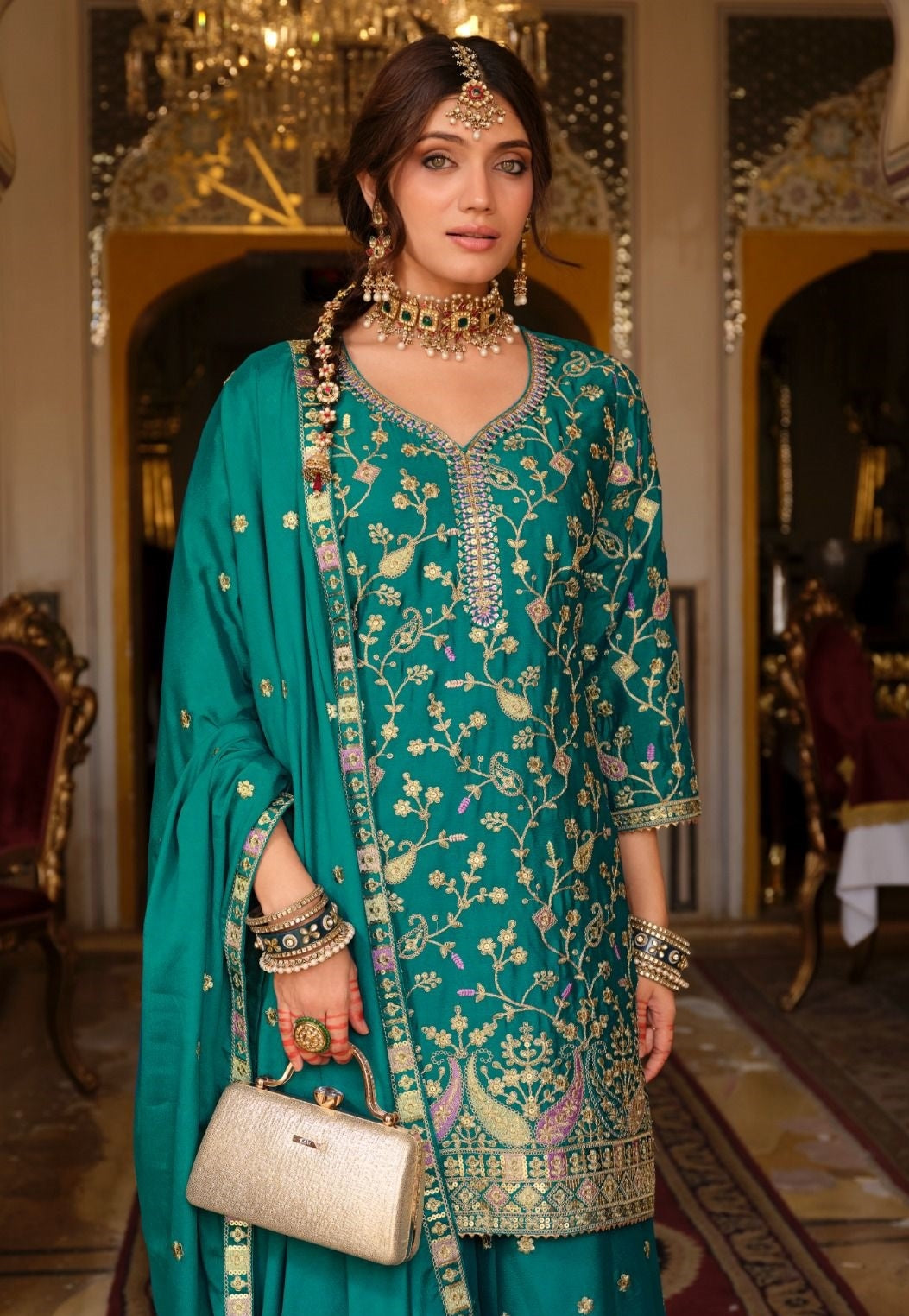 Women Teal Chinon With Embroidery Work Palazzo Bottom Suit Set