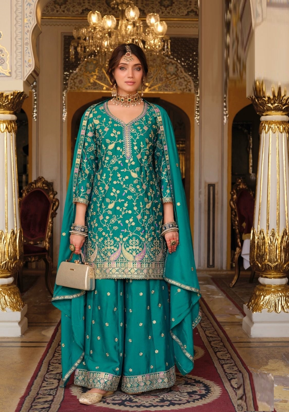 Women Teal Chinon With Embroidery Work Palazzo Bottom Suit Set