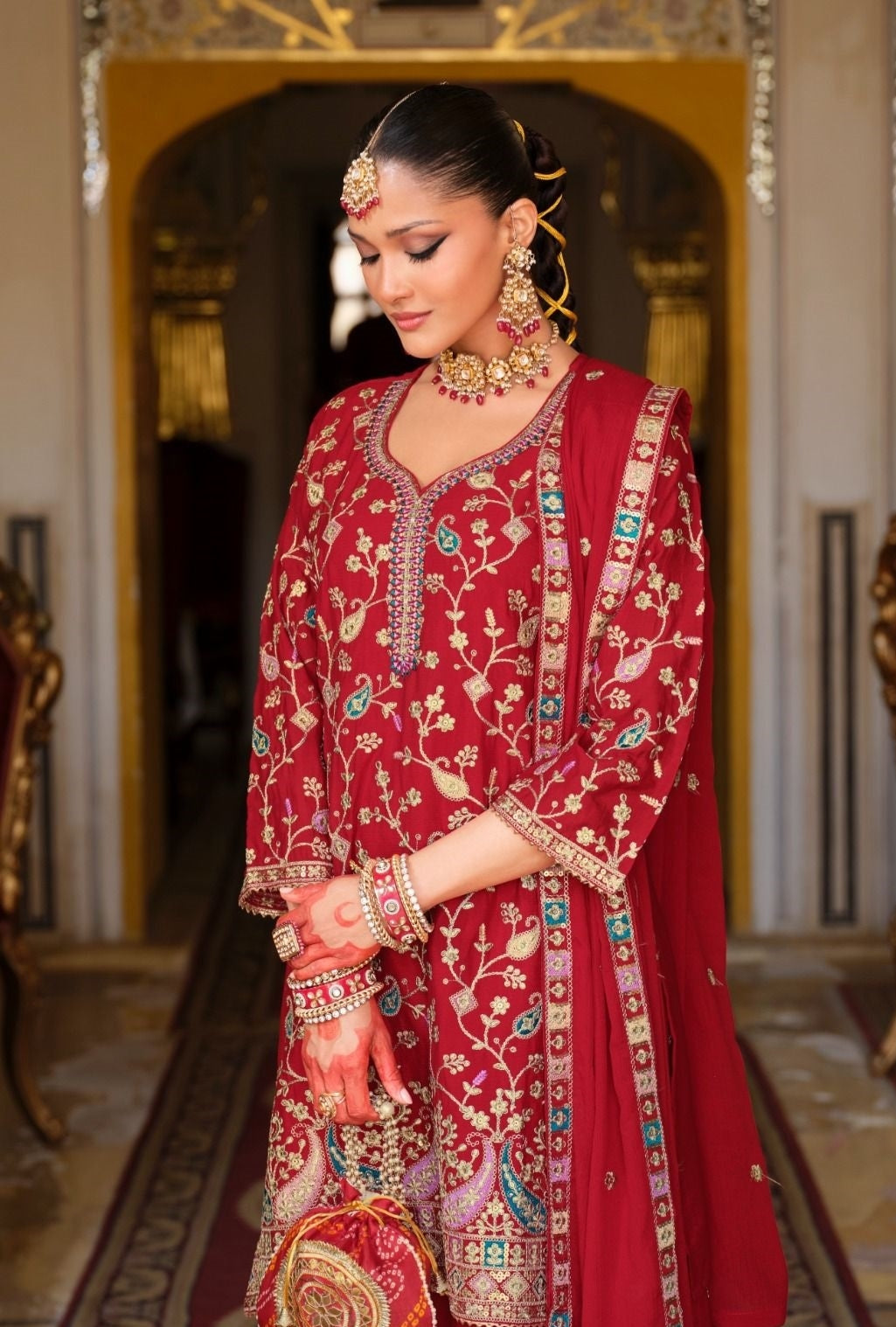 Women Red Chinon With Embroidery Work Palazzo Bottom Suit Set