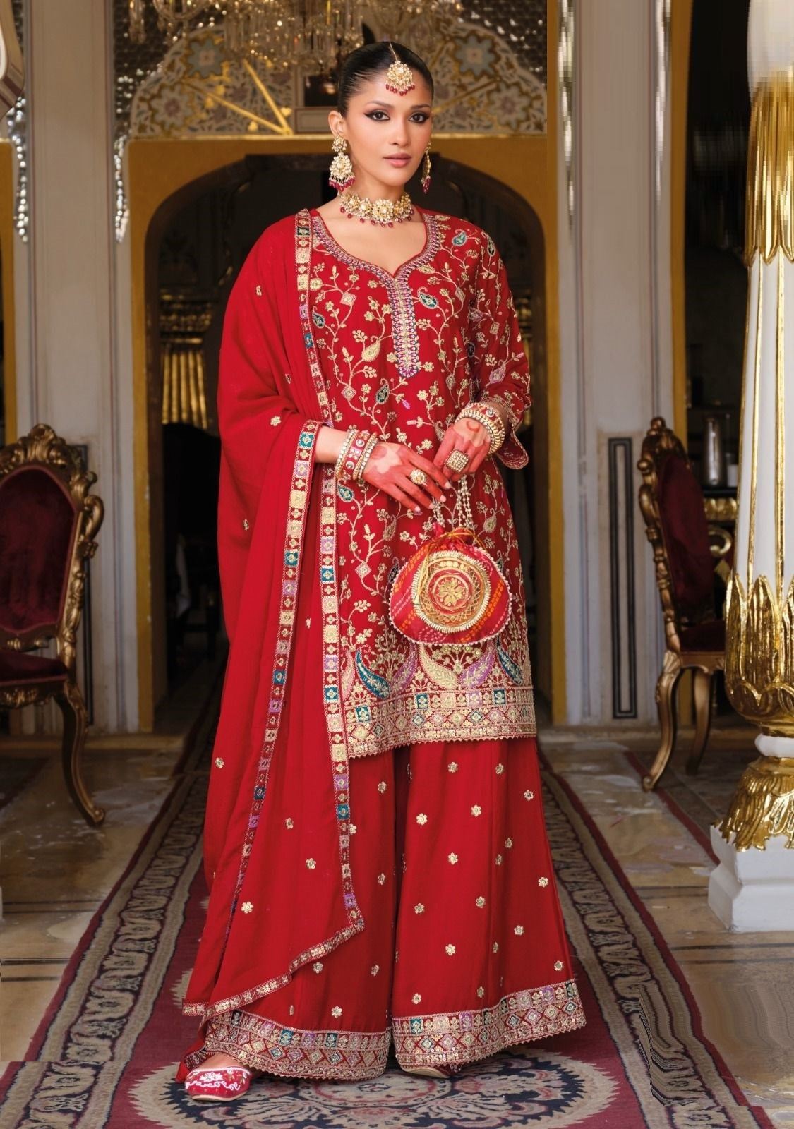 Women Red Chinon With Embroidery Work Palazzo Bottom Suit Set