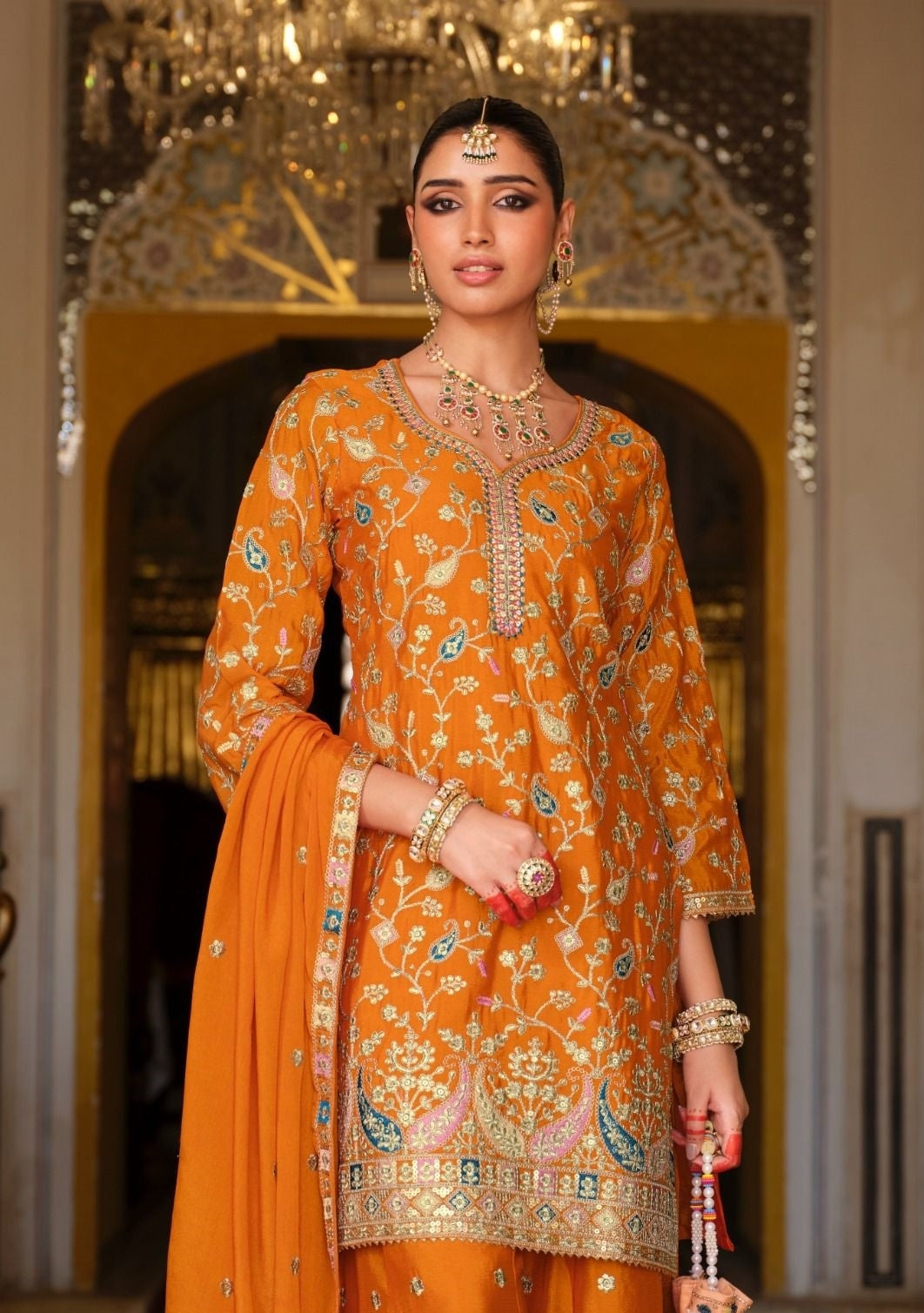 Women Orange Chinon With Embroidery Work Palazzo Bottom Suit Set