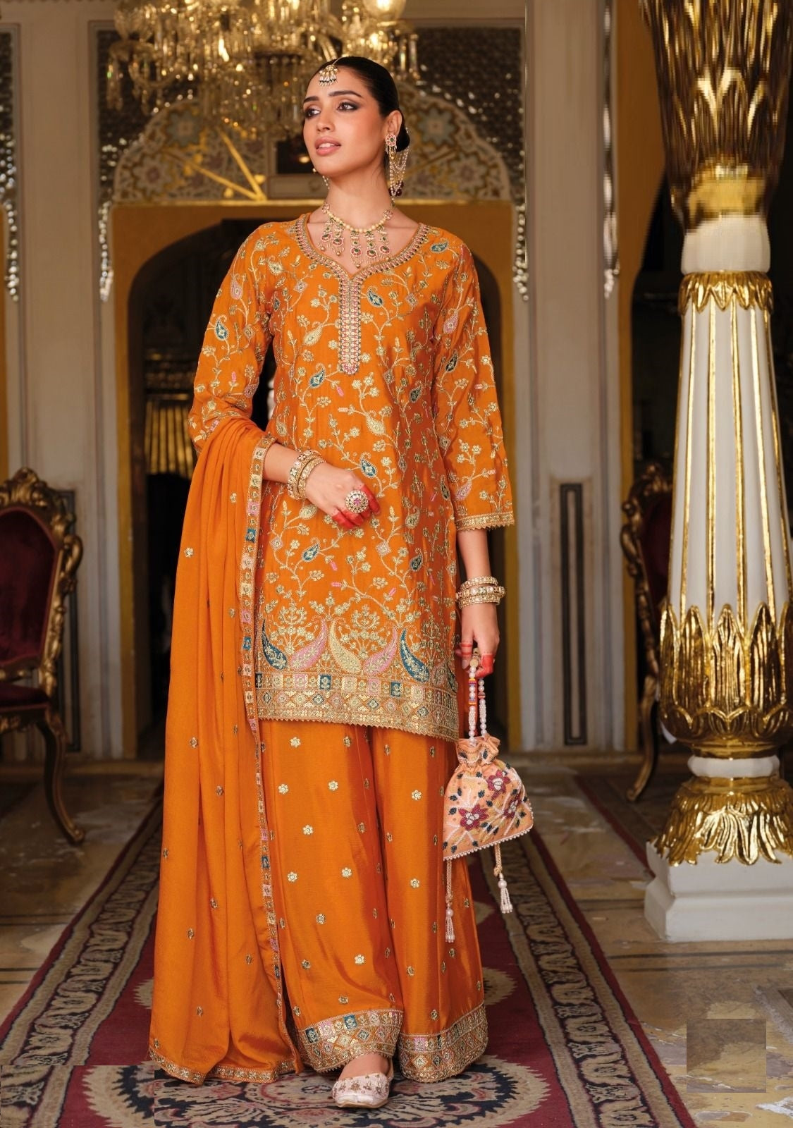 Women Orange Chinon With Embroidery Work Palazzo Bottom Suit Set