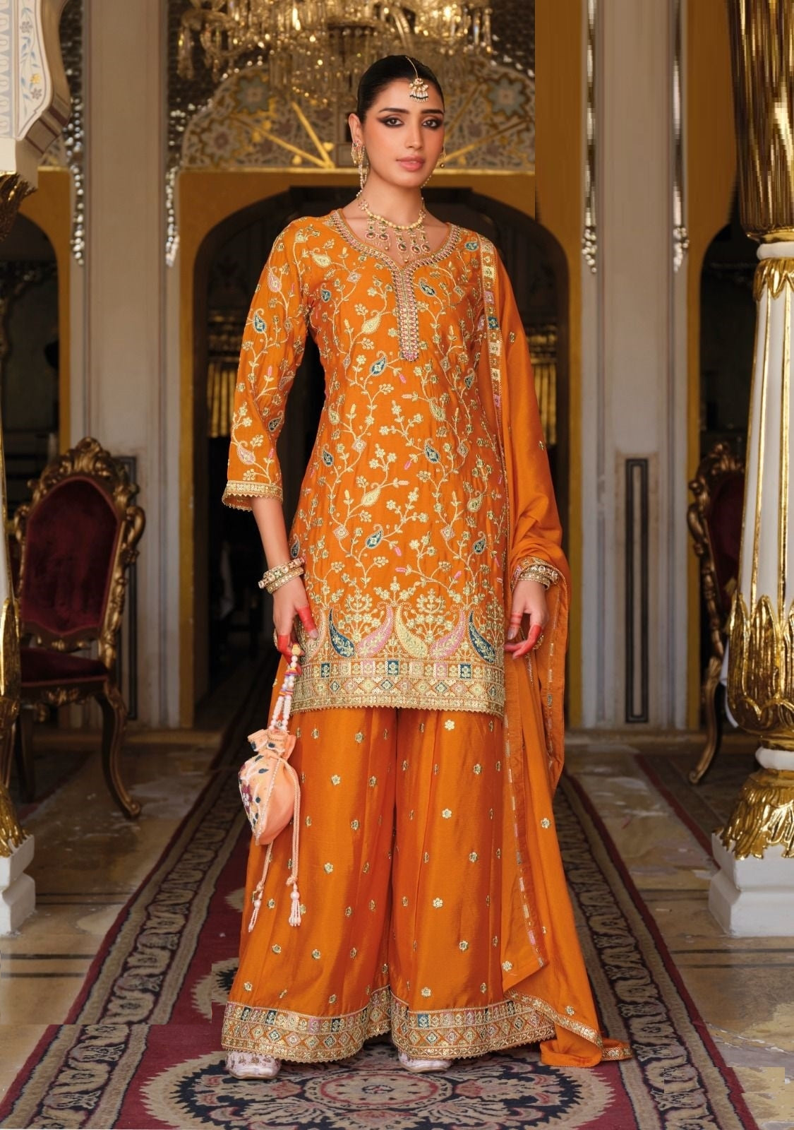 Women Orange Chinon With Embroidery Work Palazzo Bottom Suit Set