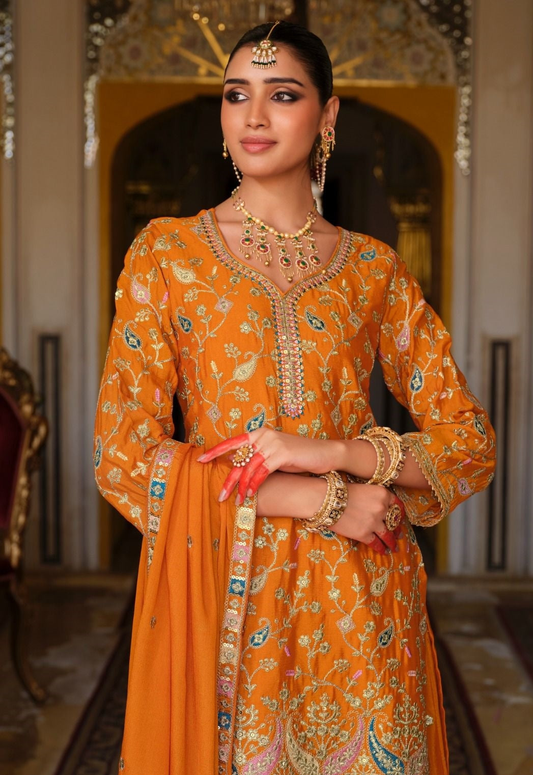 Women Orange Chinon With Embroidery Work Palazzo Bottom Suit Set