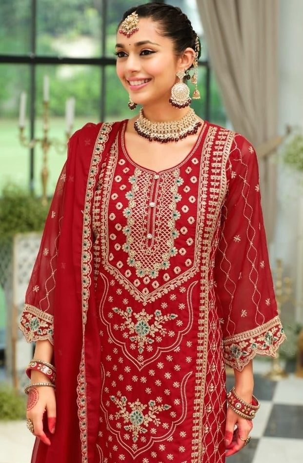 Women Maroon Organza With Embroidery Work Pant Bottom Suit Set