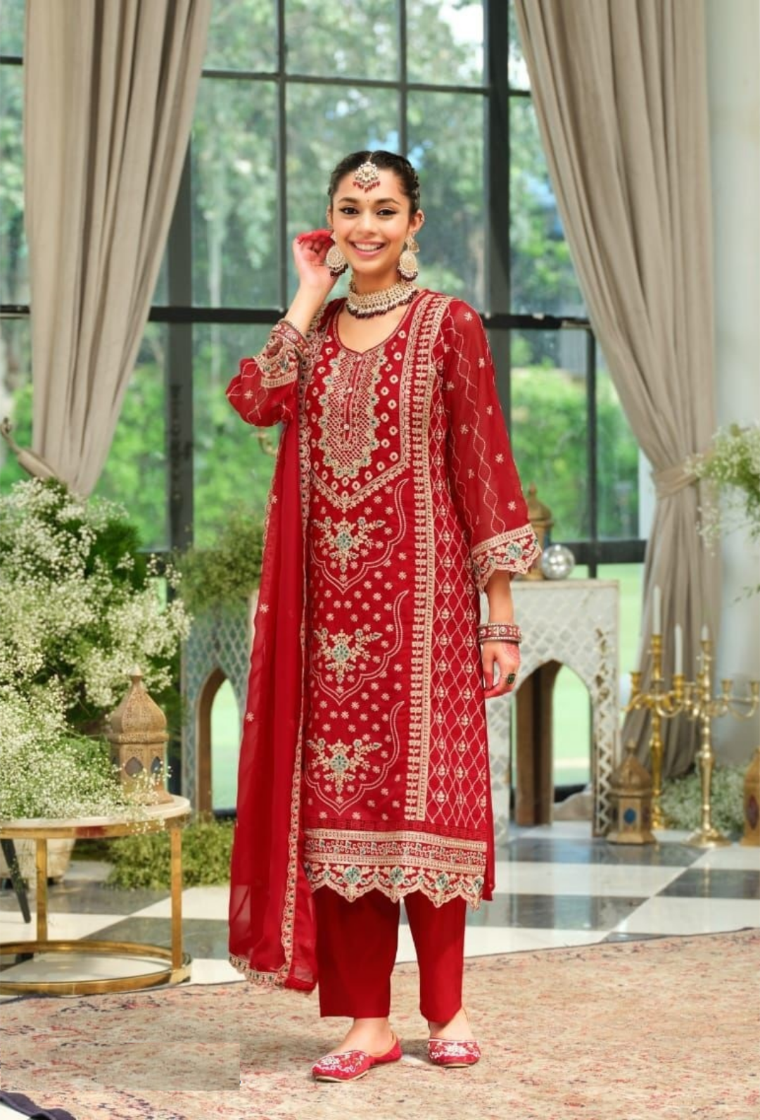 Women Maroon Organza With Embroidery Work Pant Bottom Suit Set
