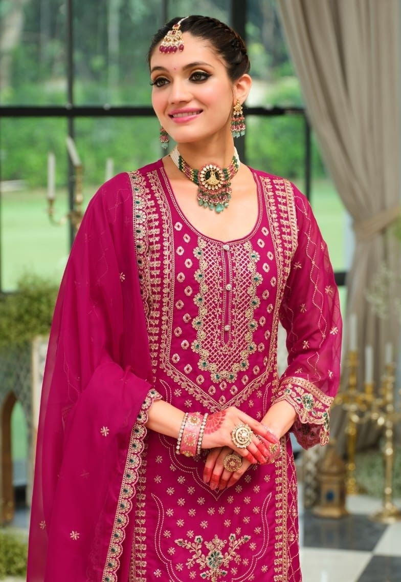 Women Pink Organza With Embroidery Work Pant Bottom Suit Set