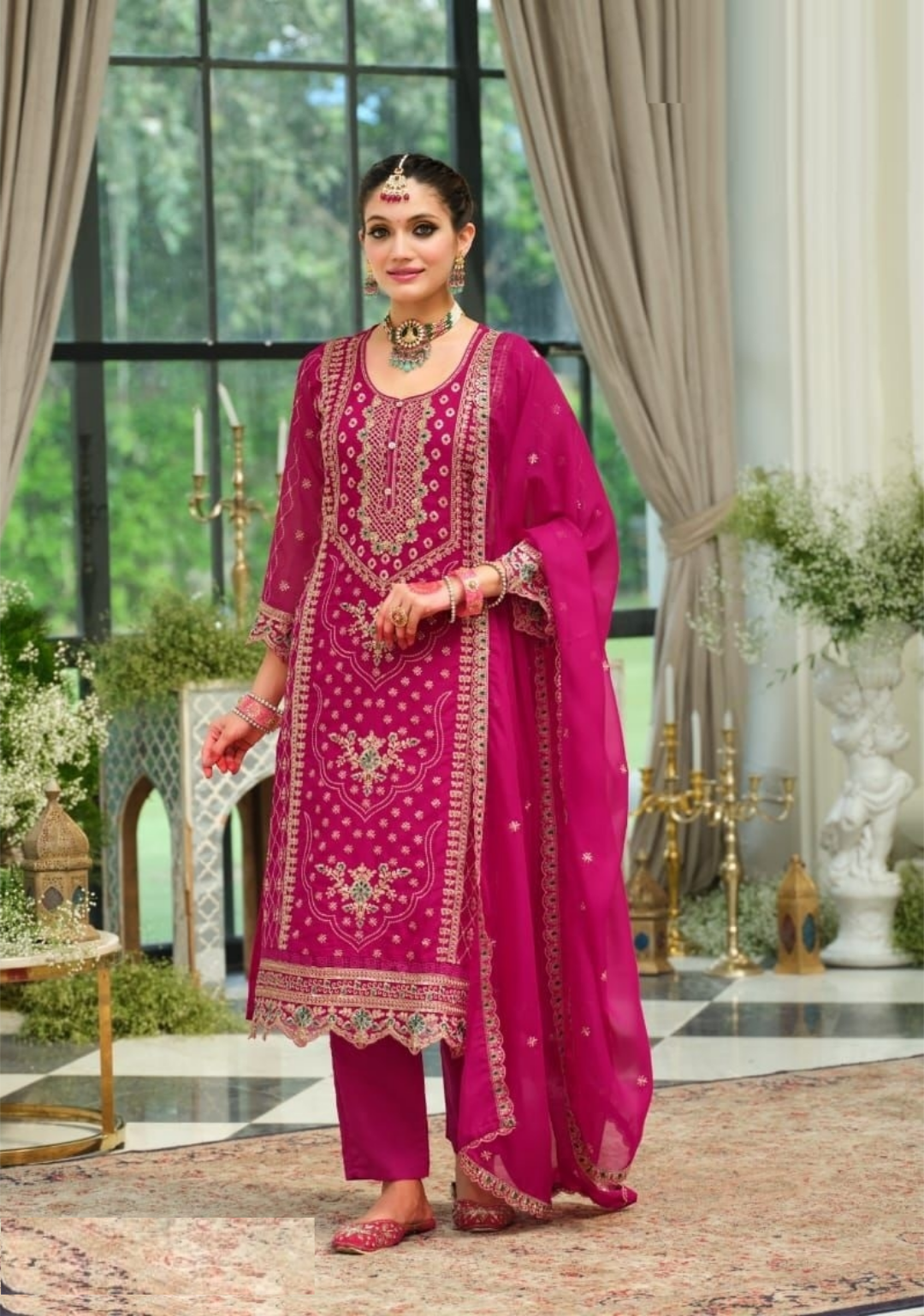 Women Pink Organza With Embroidery Work Pant Bottom Suit Set