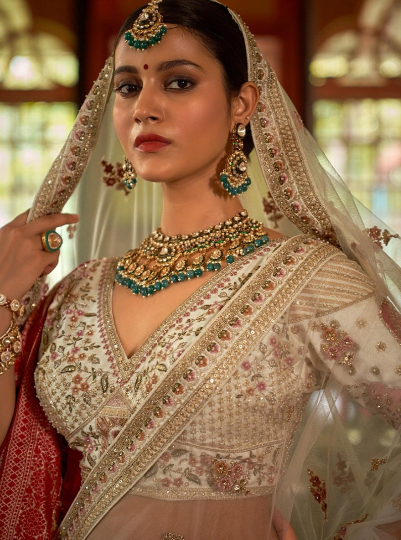 Chic Cream Bridal tone Silk Sequins Embroidery Zari Weaving Work Bridal Lehenga