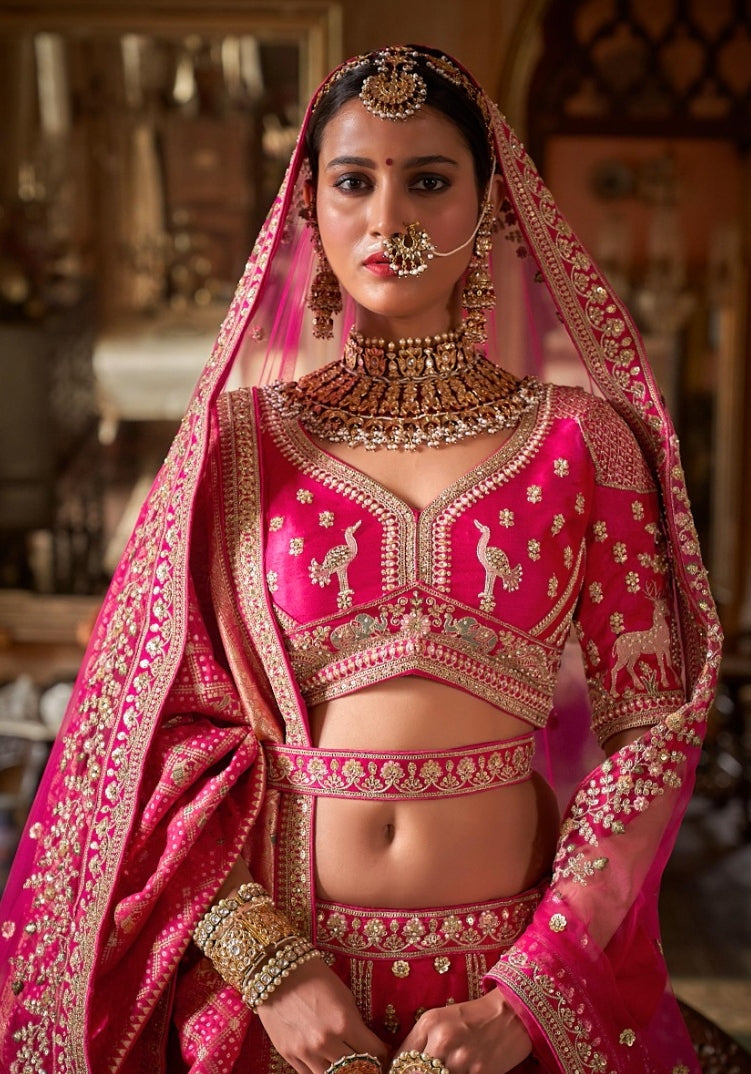 Luxurious Pink Bridal tone Silk Sequins Embroidery Zari Weaving Work Bridal Lehenga