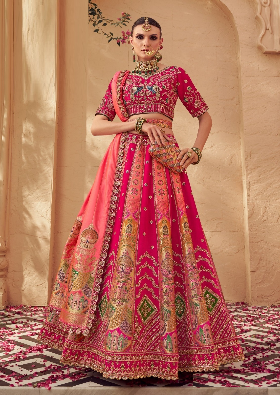 Opulent Pink Banarasi Silk Bridal Lehenga