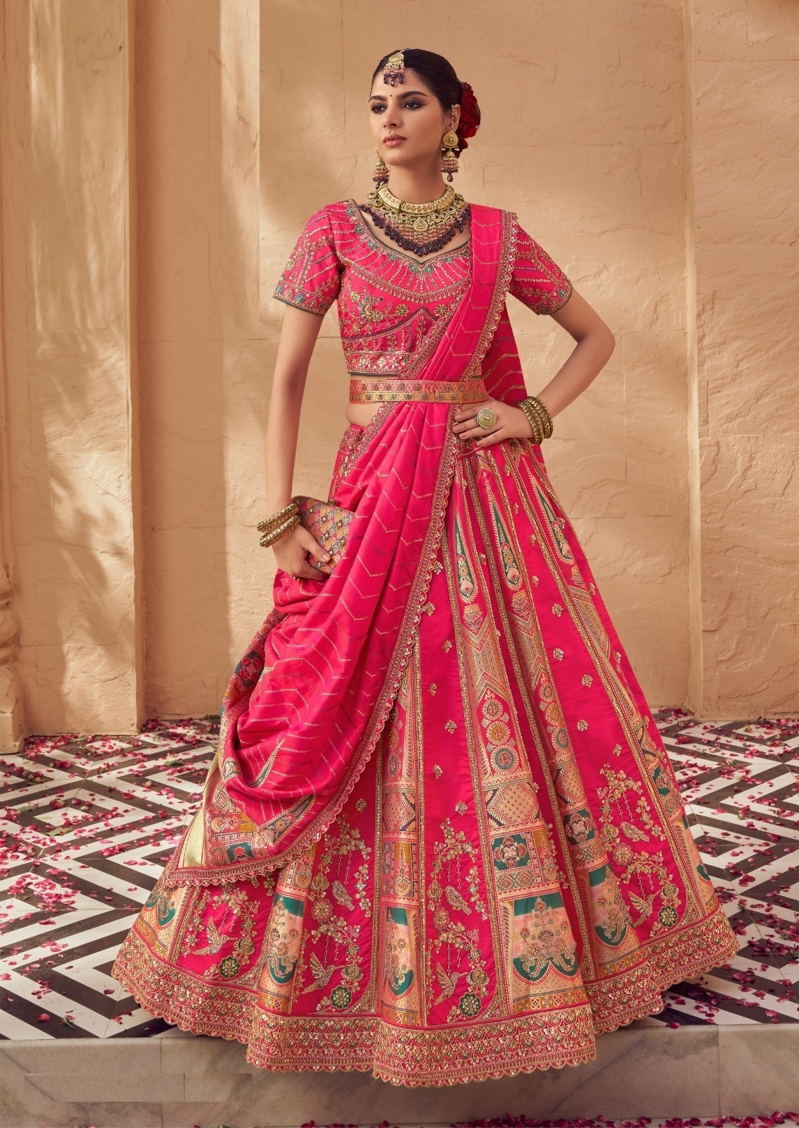 Dazzling Pink Banarasi Silk Bridal Lehenga