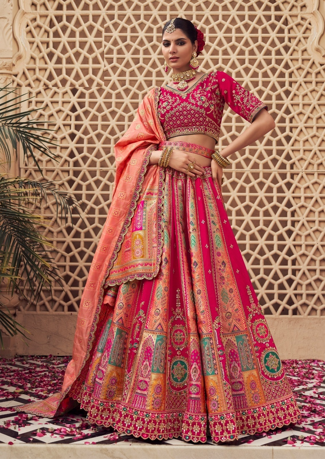 Glamorous Rani Pink Banarasi Silk Bridal Lehenga
