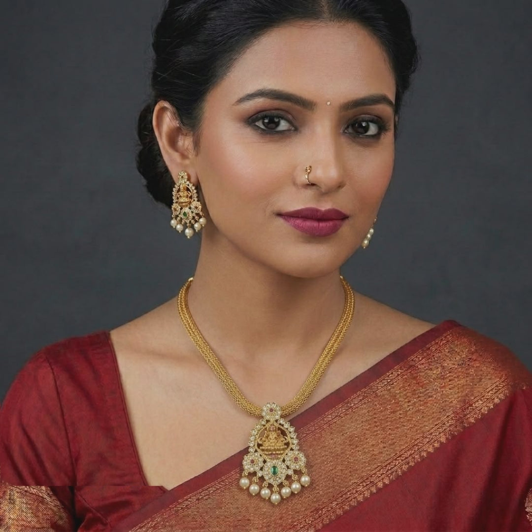 Perumal Temple Style Necklace And Earring Set, Cubic Zirconia Stones And Pearl Drops