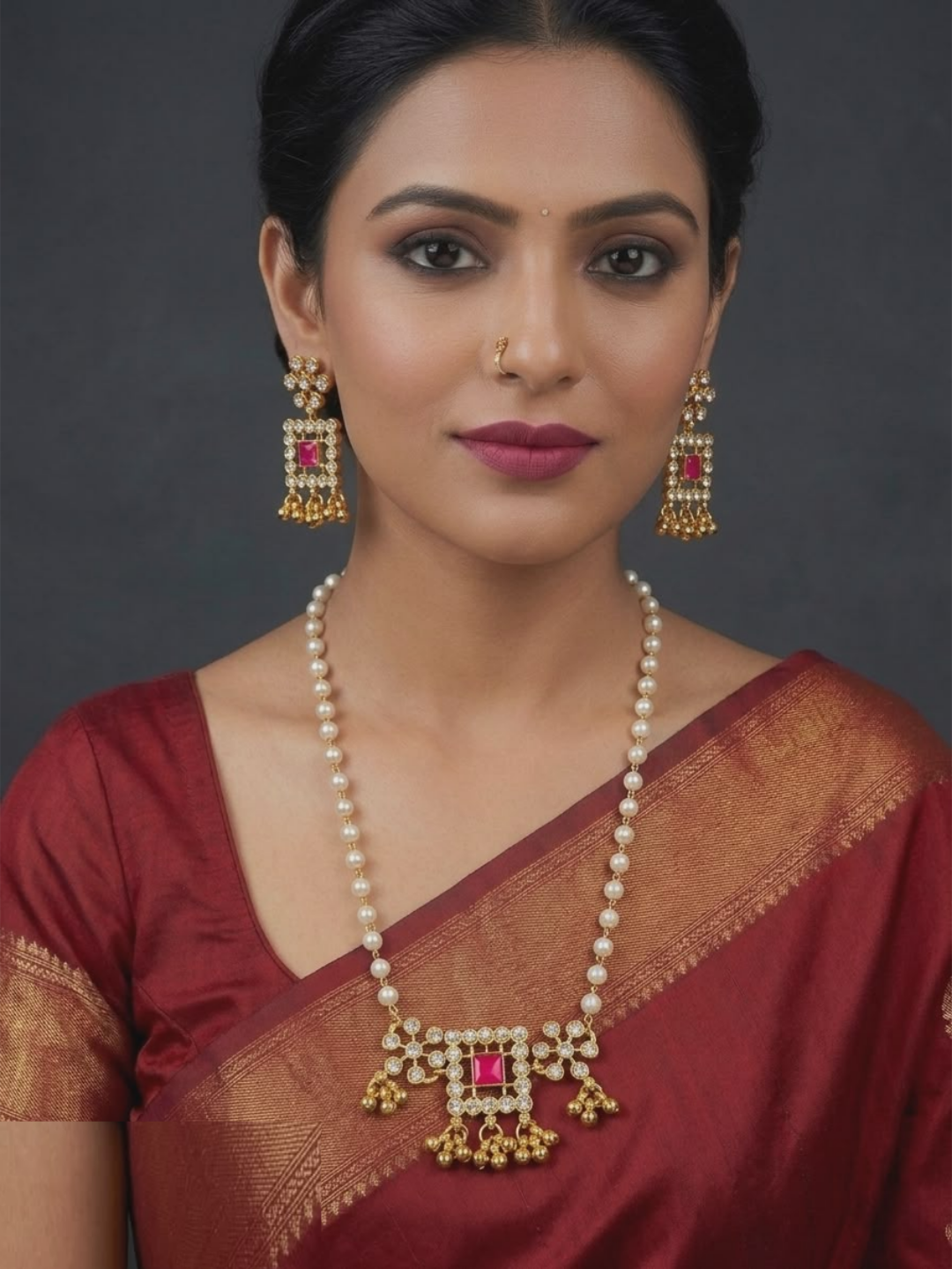 Gold Plated Stone Studded And Beaded Jewelry Set