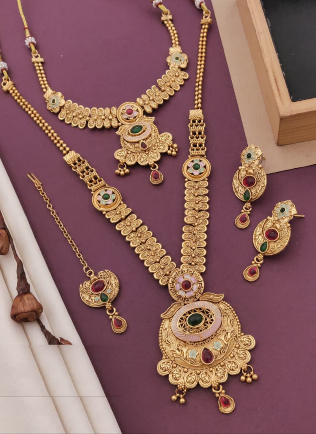 Royal Rajwadi Matte Finish Gold Plated Combo Long Necklace Set