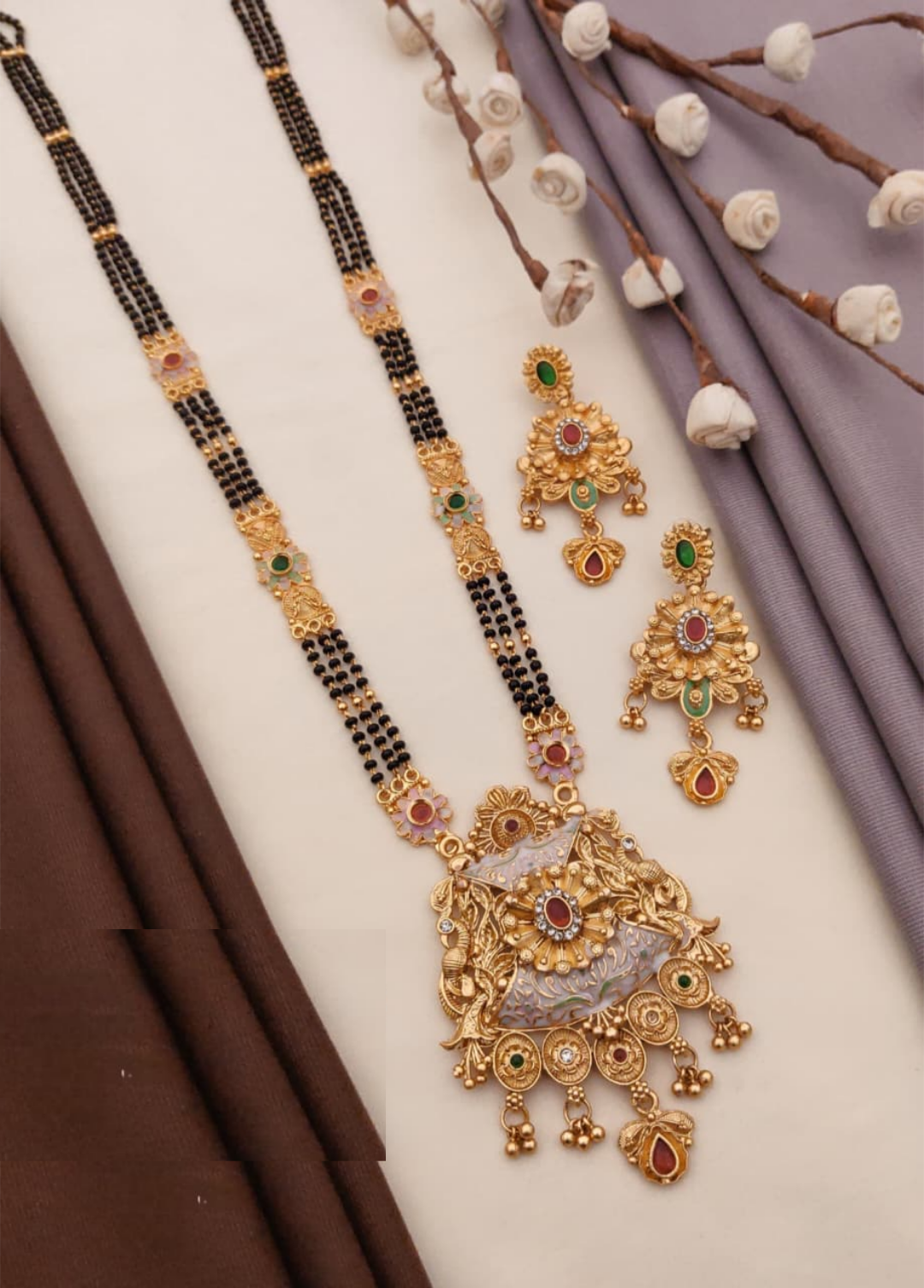 Fashow Rajwadi Mangalsutra Set Featuring Intricate Gold Plated Brass With Matching Earrings