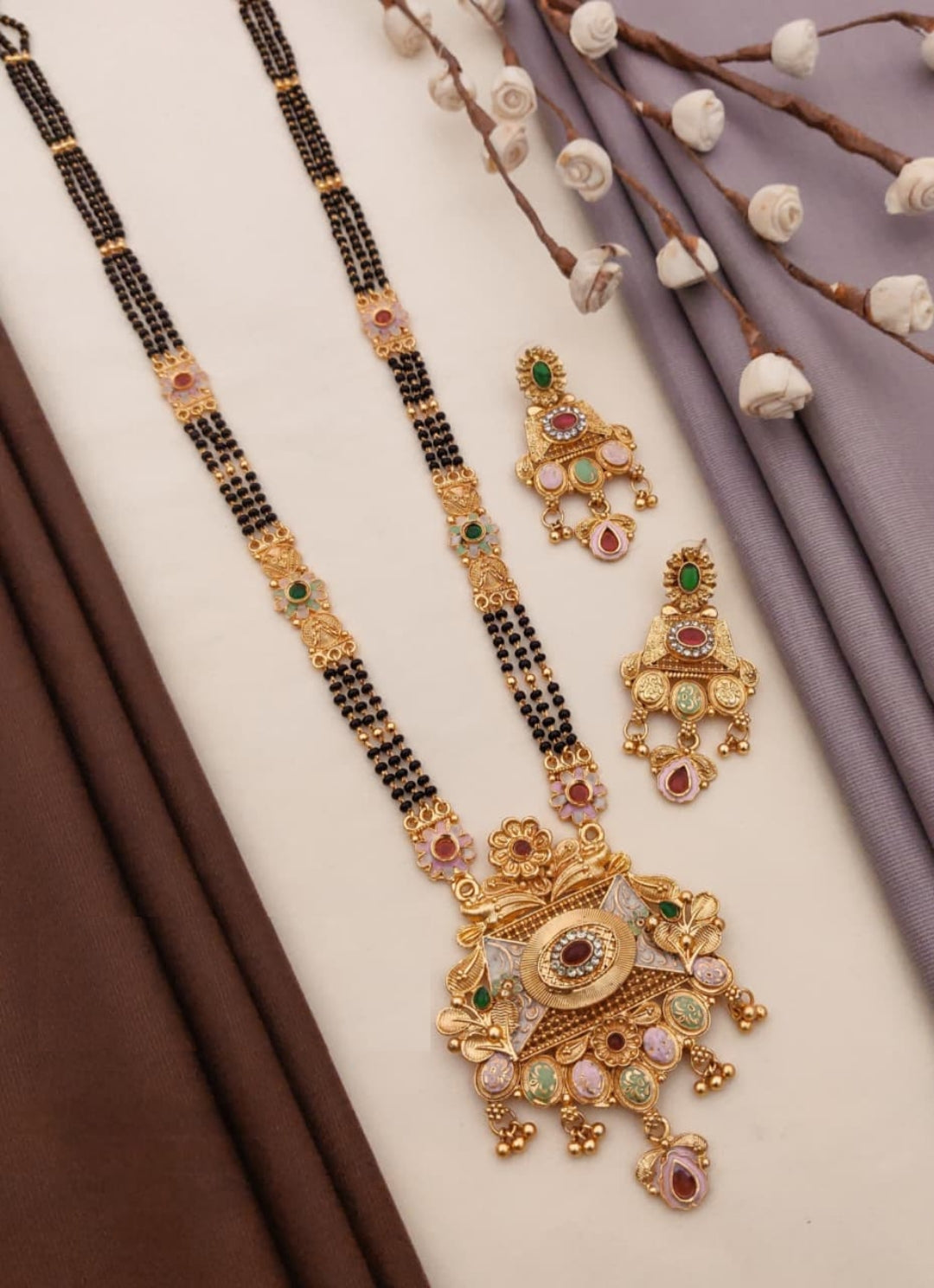 Elegante Rajwadi Mangalsutra Set Featuring Intricate Gold Plated Brass With Matching Earrings