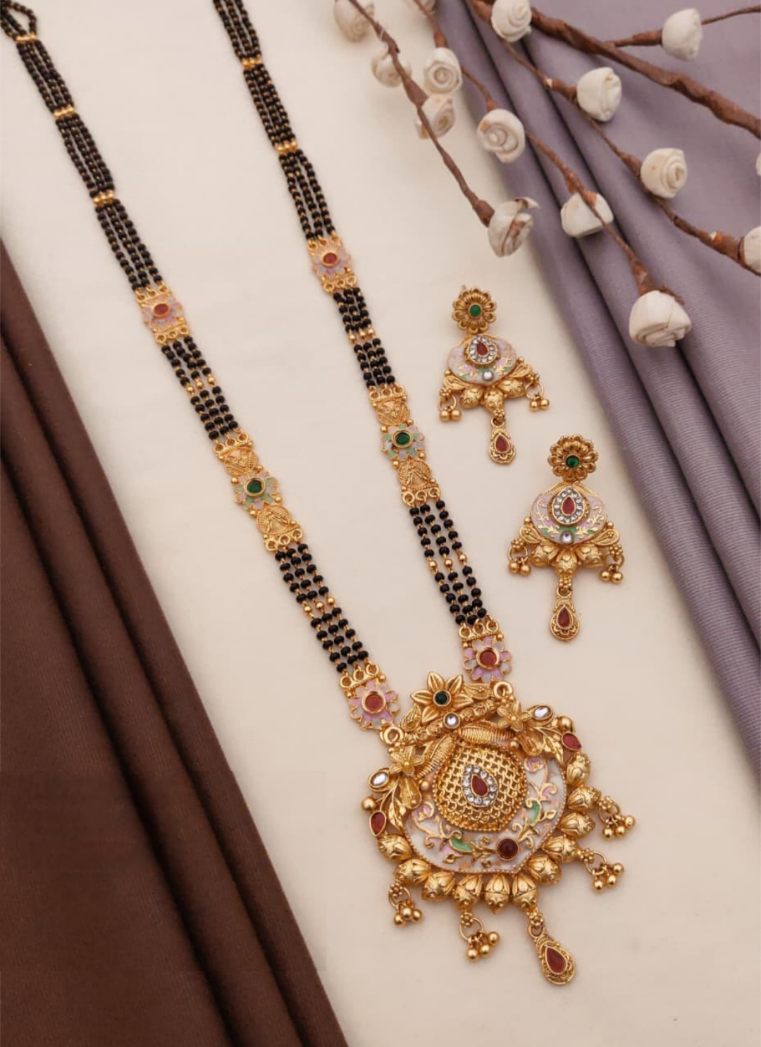 Ornaments Rajwadi Mangalsutra Set Featuring Intricate Gold Plated Brass With Matching Earrings