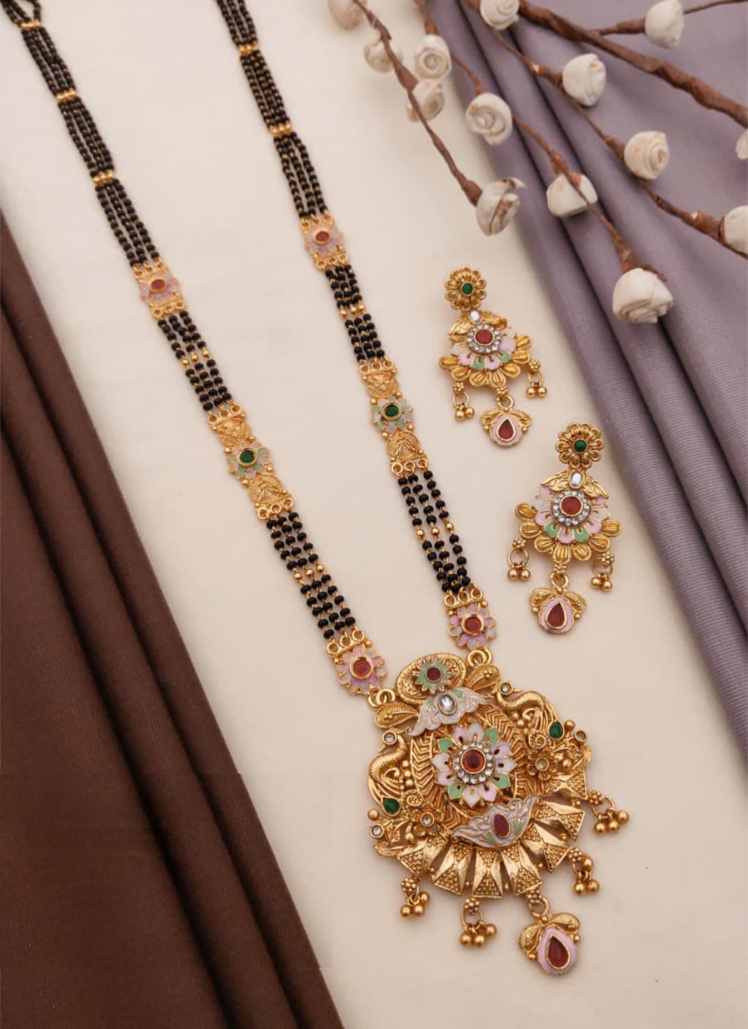 Beautyland Rajwadi Mangalsutra Set Featuring Intricate Gold Plated Brass With Matching Earrings